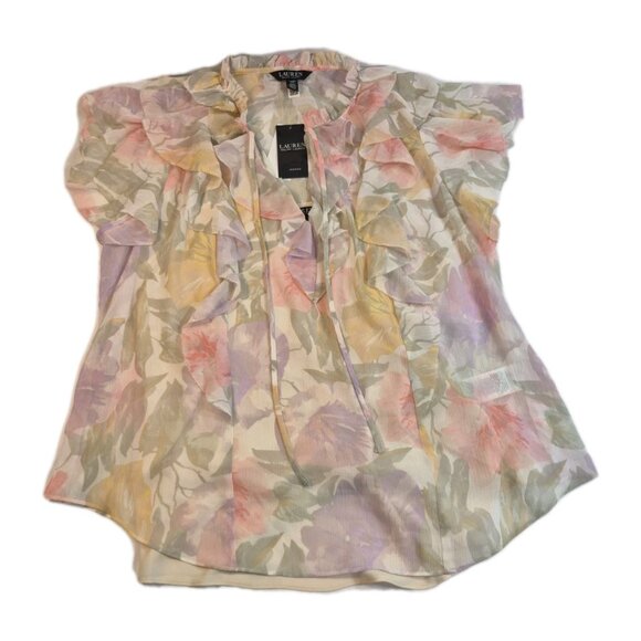 Lauren Ralph Lauren Women's Blouse Size 1X Crinkle Short Sleeve White Multi 24 - Picture 3 of 12